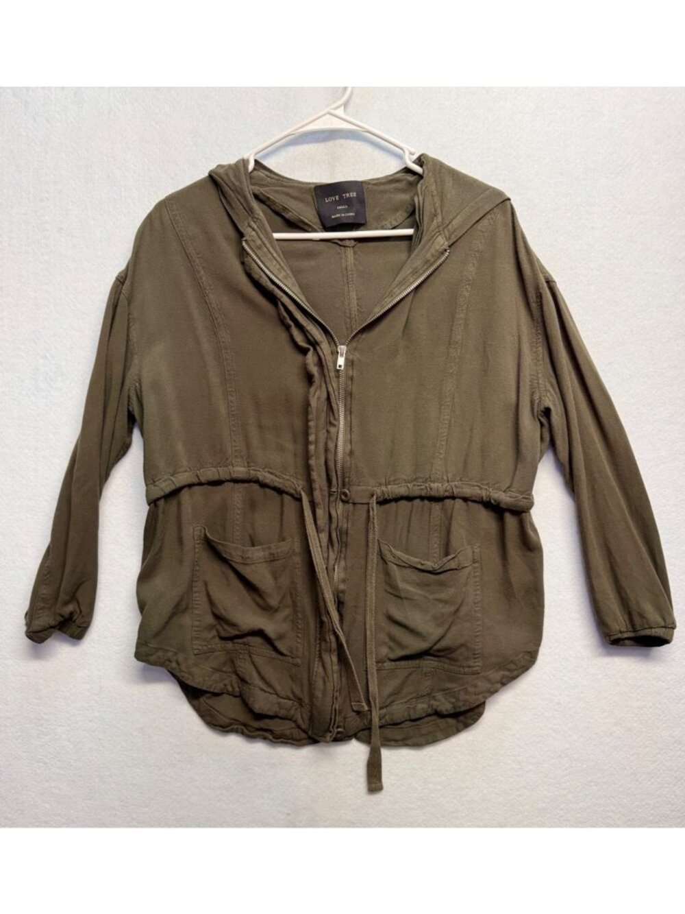 Love Tree Olive Green Hooded Jacket With Drawstring Waist & Front Pockets Small